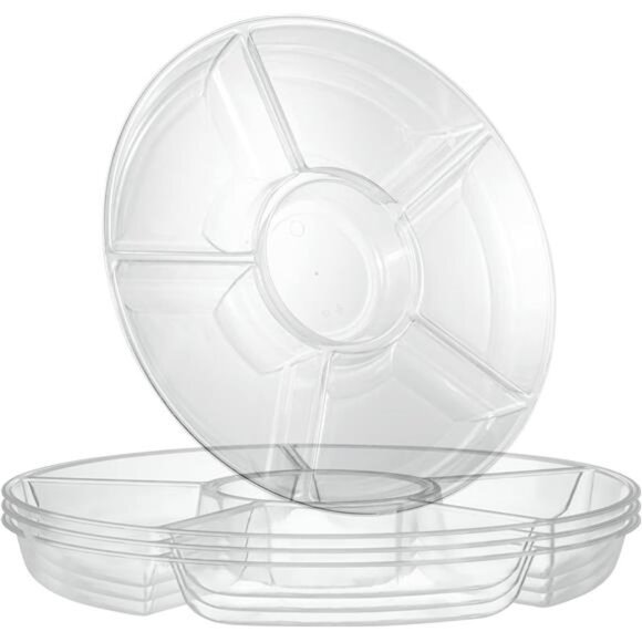 PLASTICPRO 6 Sectional Round Plastic Serving Tray/Platters Clear Pack of 2 - Picture 1 of 8